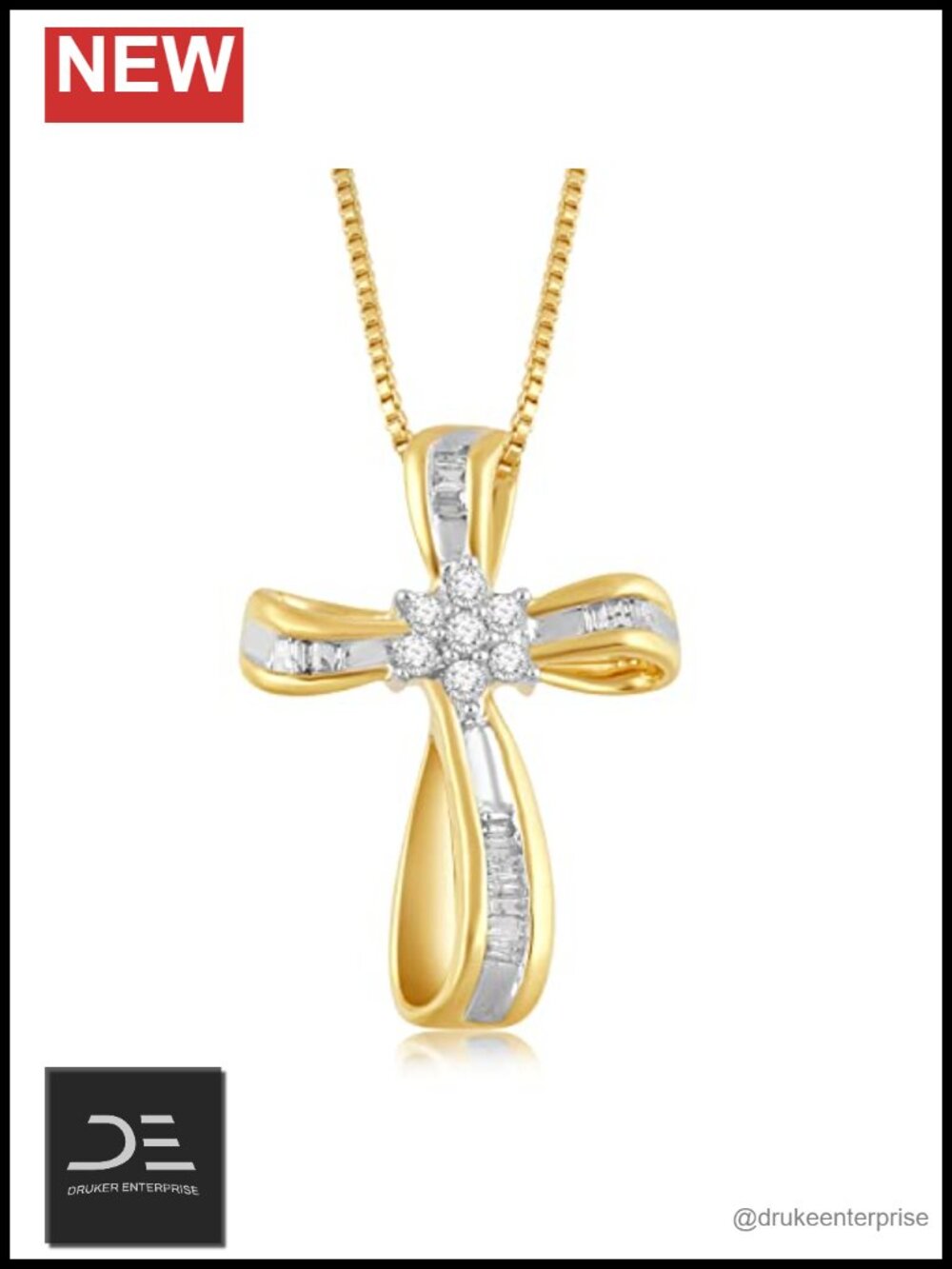 14K Yellow Gold Plated Silver Diamond Cross Pendant Necklace